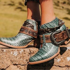 Turquoise Crocodile Buckle Ankle Boots Booties